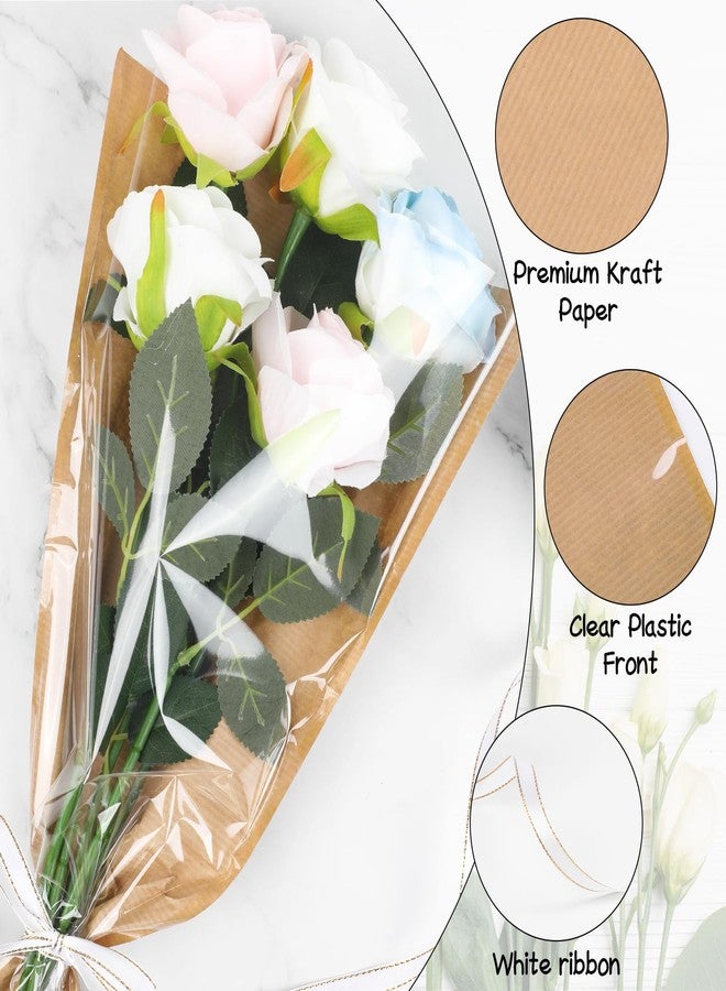 STEFORD 50Pcs Flower Bags for Bouquets Kraft Floral Sleeves Wrapping Paper with Ribbons for Mother's Day, Wedding, Birthday Graduation Florist Wrap Supplies, 9.8x17.9 Inch - Image 3